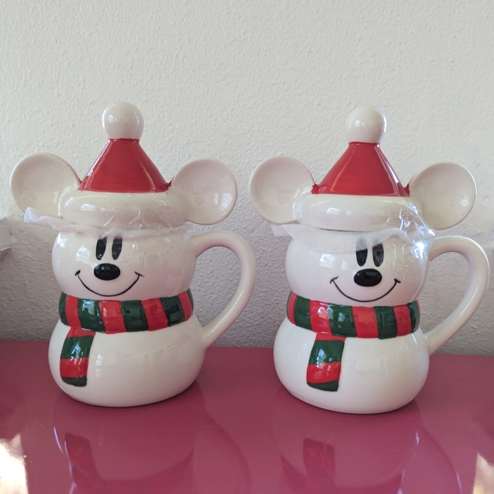 Disney Mickey Snowman Themed Mug With Santa Hat Lid Topper Set of Two